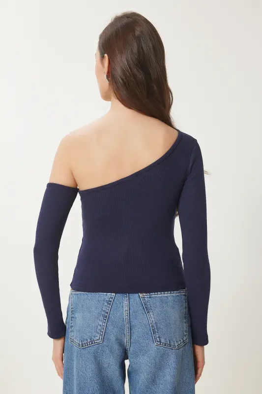 Kadın Lacivert Açık Omuzlu Fitilli Örme Bluz TG00011 - Lacivert - 6