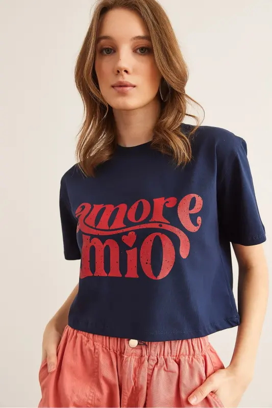 Kadın Lacivert Amore Baskılı Crop Pamuk Tişört TSH-19000858 - Lacivert - 3