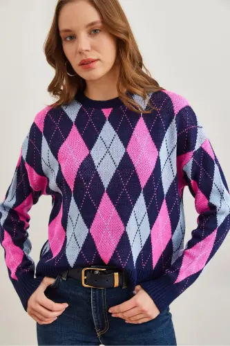 Kadın Lacivert Baklava Desenli Crop Triko Kazak KZK-19000910-Lacivert 