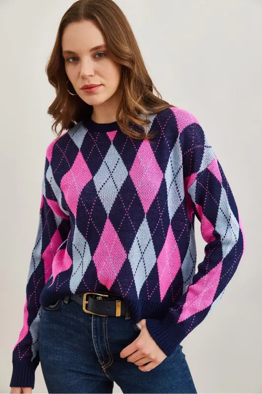 Kadın Lacivert Baklava Desenli Crop Triko Kazak KZK-19000910-Lacivert - 2