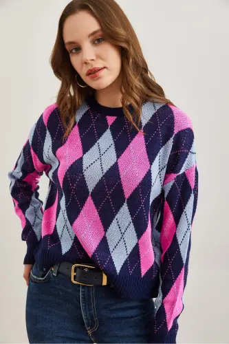 Kadın Lacivert Baklava Desenli Crop Triko Kazak KZK-19000910-Lacivert - 3