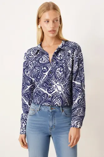 Kadın Lacivert-Beyaz Desenli Uzun Kol Gömlek ARM-22K001123-Lacivert - 1