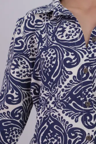 Kadın Lacivert-Beyaz Desenli Uzun Kol Gömlek ARM-22K001123-Lacivert - 3