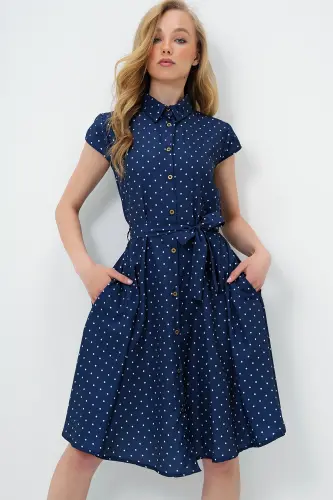 Kadın Lacivert Beyaz Kolsuz Dokuma Gömlek Elbise Alc-X6056-LACİVERT BEYAZ 