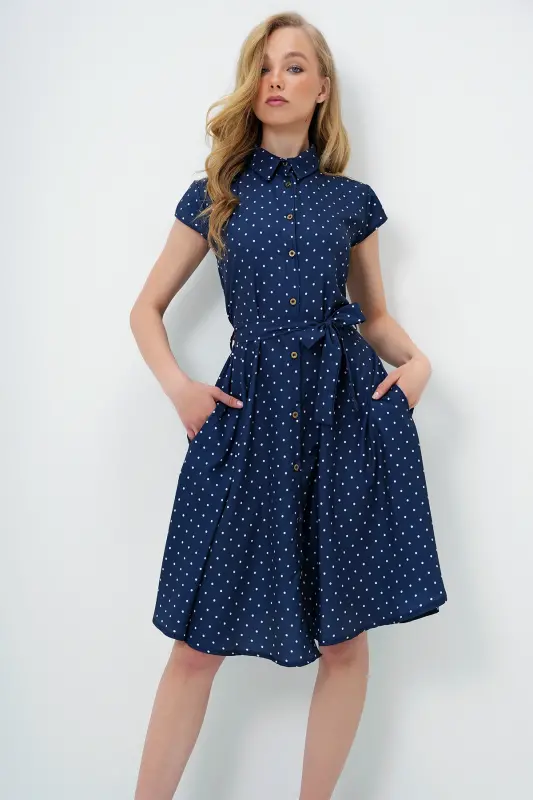 Kadın Lacivert Beyaz Kolsuz Dokuma Gömlek Elbise Alc-X6056-LACİVERT BEYAZ - 2