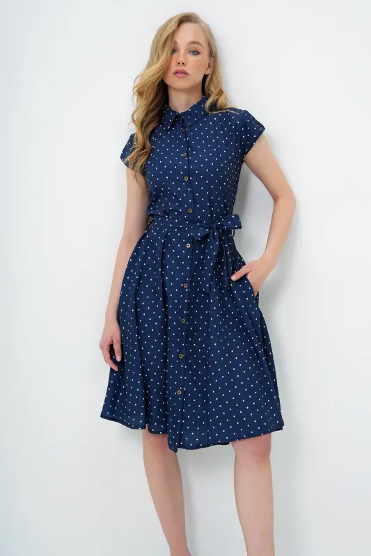 Kadın Lacivert Beyaz Kolsuz Dokuma Gömlek Elbise Alc-X6056-LACİVERT BEYAZ - 3