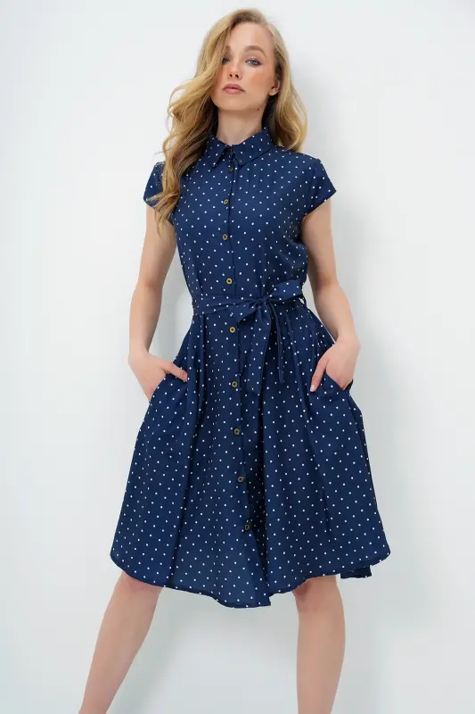 Kadın Lacivert Beyaz Kolsuz Dokuma Gömlek Elbise Alc-X6056-LACİVERT BEYAZ - 5