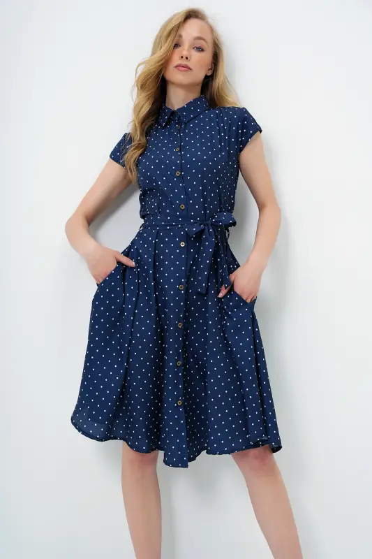 Kadın Lacivert Beyaz Kolsuz Dokuma Gömlek Elbise Alc-X6056-LACİVERT BEYAZ - 4