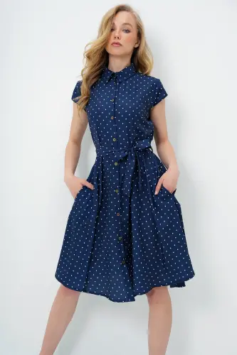 Kadın Lacivert Beyaz Kolsuz Dokuma Gömlek Elbise Alc-X6056-LACİVERT BEYAZ - 5