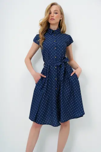 Kadın Lacivert Beyaz Kolsuz Dokuma Gömlek Elbise Alc-X6056-LACİVERT BEYAZ - TREND ALAÇATI STILI (1)