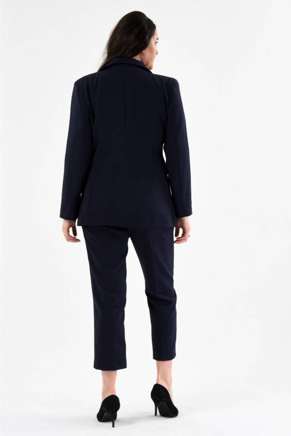Kadın Lacivert Blazer Ceket Kemerli Cepli Boru Paça Pantolon Büyük Beden Takım Elbise-Lacivert - 5