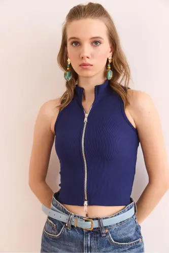 Kadın Lacivert Çift Taraflı Fermuarlı Fitilli Crop Bluz BLZ-19002903 - Lacivert - 2