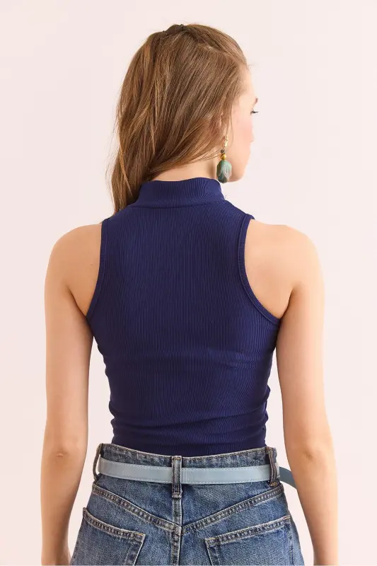 Kadın Lacivert Çift Taraflı Fermuarlı Fitilli Crop Bluz BLZ-19002903 - Lacivert - 6