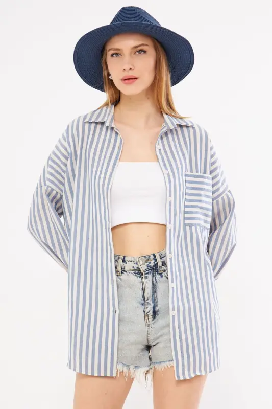 Kadın Lacivert Çizgili Uzun Kol Cep Detaylı Pileli Oversize Gömlek ARM-24Y001057-Lacivert - 4