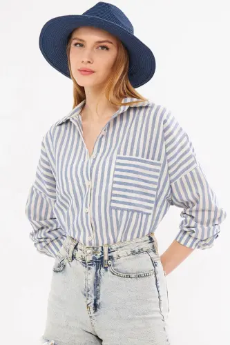 Kadın Lacivert Çizgili Uzun Kol Cep Detaylı Pileli Oversize Gömlek ARM-24Y001057-Lacivert - 5