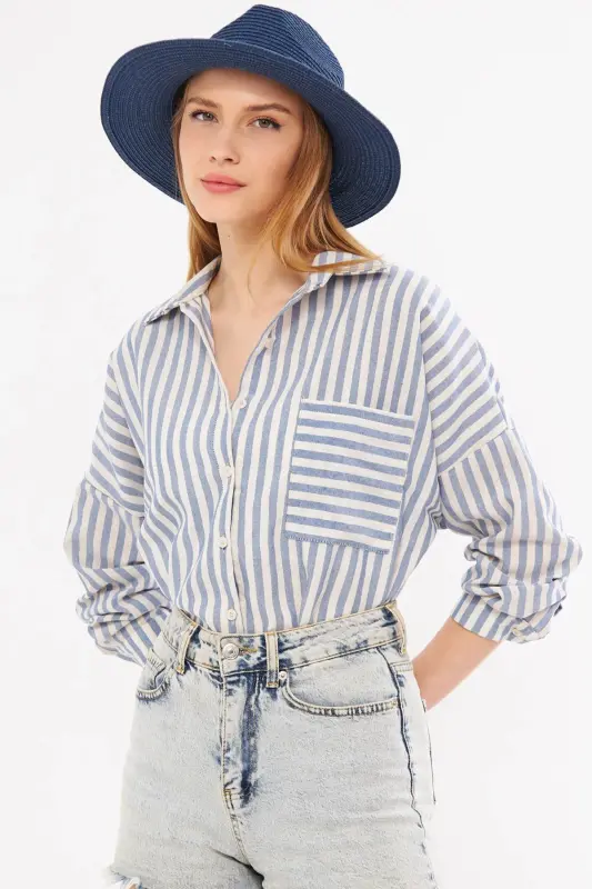 Kadın Lacivert Çizgili Uzun Kol Cep Detaylı Pileli Oversize Gömlek ARM-24Y001057-Lacivert - 5