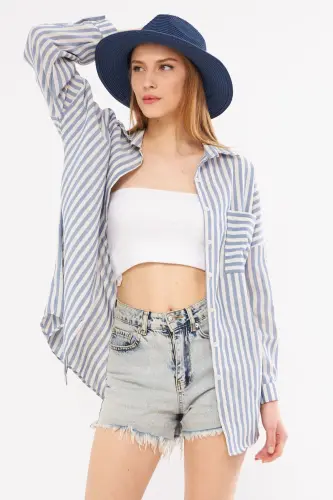 Kadın Lacivert Çizgili Uzun Kol Cep Detaylı Pileli Oversize Gömlek ARM-24Y001057-Lacivert - ARMONIKA (1)