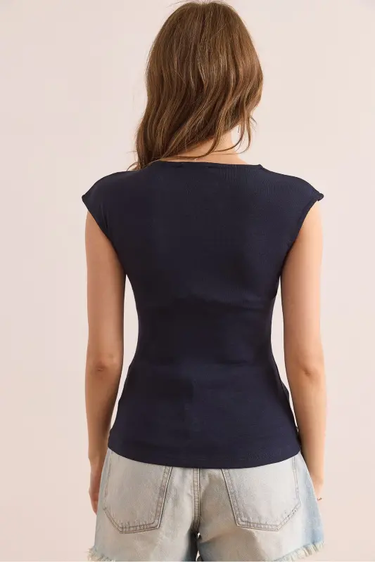 Kadın Lacivert Damla Dekolteli Omuz Detaylı Pamuk Modal Bluz BLZ-19002881 - Lacivert - 2