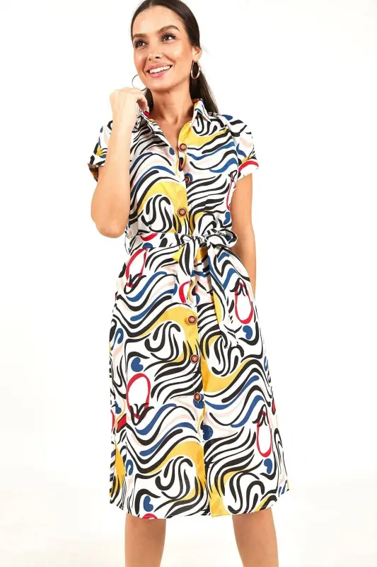 Kadın Lacivert Desenli Kemerli Beli Bağlamalı Kısa Kol Gömlek Elbise ARM-22Y001058-Lacivert - ARMONIKA