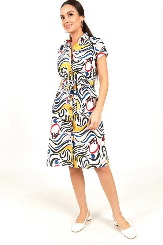 Kadın Lacivert Desenli Kemerli Beli Bağlamalı Kısa Kol Gömlek Elbise ARM-22Y001058-Lacivert - 2