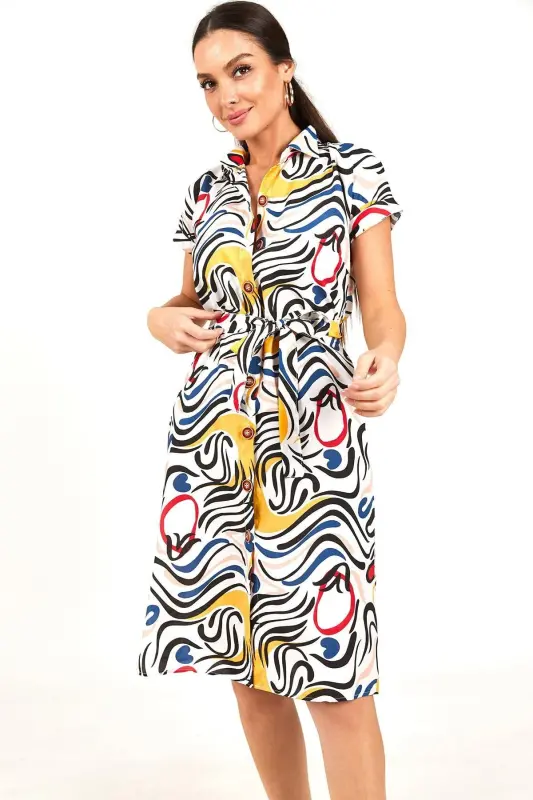 Kadın Lacivert Desenli Kemerli Beli Bağlamalı Kısa Kol Gömlek Elbise ARM-22Y001058-Lacivert - 3