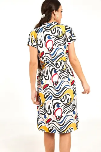 Kadın Lacivert Desenli Kemerli Beli Bağlamalı Kısa Kol Gömlek Elbise ARM-22Y001058-Lacivert - 4