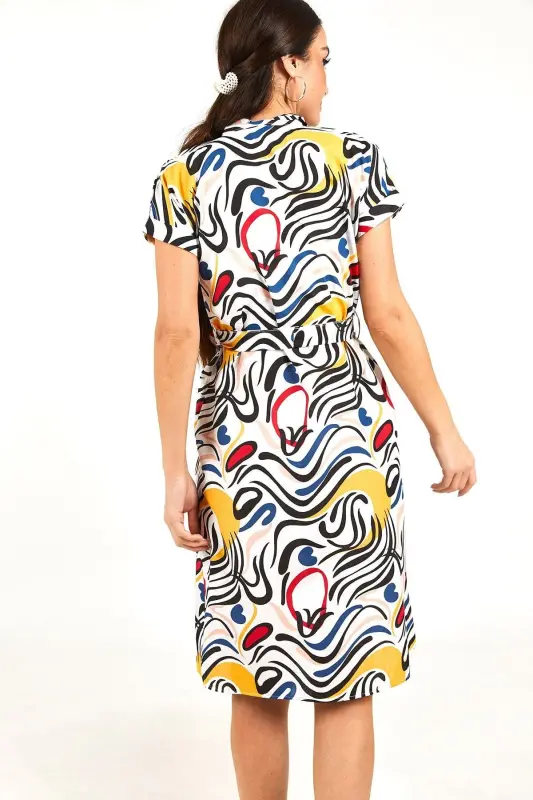 Kadın Lacivert Desenli Kemerli Beli Bağlamalı Kısa Kol Gömlek Elbise ARM-22Y001058-Lacivert - 4