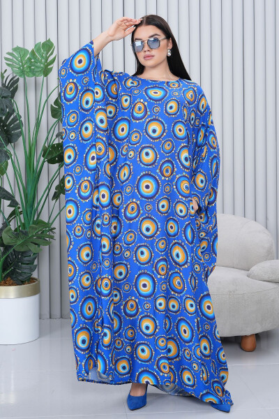 Kadın Lacivert Desenli Oversize Büyük Beden Uzun Elbise-Saks Mavi - 3