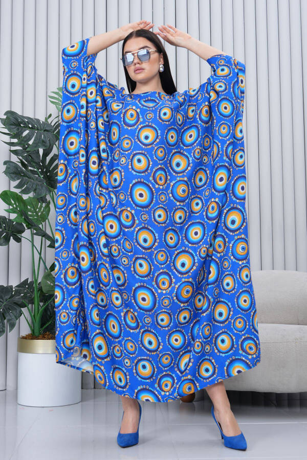Kadın Lacivert Desenli Oversize Büyük Beden Uzun Elbise-Saks Mavi - 7