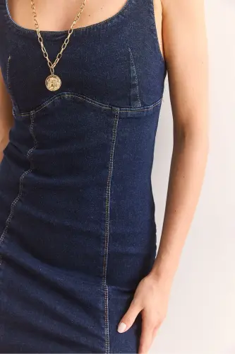 Kadın Lacivert Dikiş Detaylı Mini Yırtmaçlı Denim Elbise ELB-19002406 - Lacivert - 6