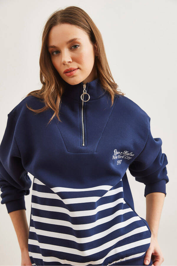 Kadın Lacivert Fermuarlı Çizgili Şardonlu Sweatshirt SWT-19000711-Lacivert - 4