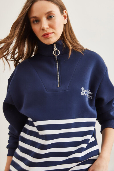 Kadın Lacivert Fermuarlı Çizgili Şardonlu Sweatshirt SWT-19000711-Lacivert - 5