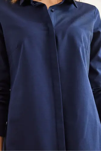 Kadın Lacivert Gizli Patlı Dokuma Mini Gömlek Elbise ELB-19002338 - 5