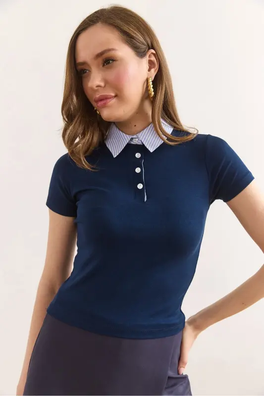Kadın Lacivert Gömlek Yaka Düğmeli Crop Bluz BLZ-19002943 - Lacivert - 5