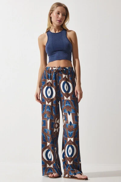 Kadın Lacivert Kahverengi Desenli Dökümlü Viskon Palazzo Pantolon EN00606-Lacivert Kahverengi - 2