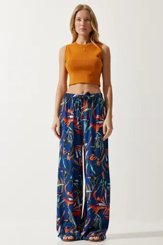 Kadın Lacivert Kiremit Desenli Dökümlü Viskon Palazzo Pantolon EN00606-Lacivert Kiremit 