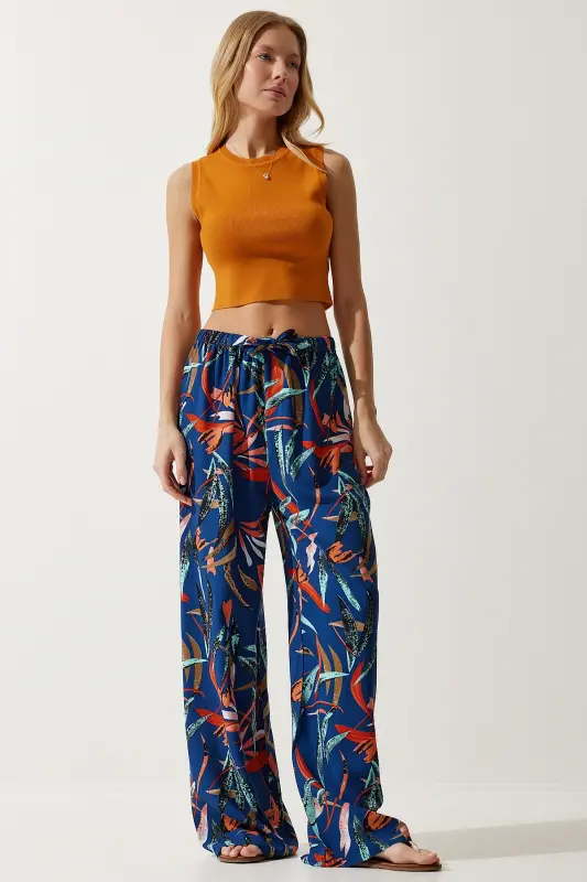 Kadın Lacivert Kiremit Desenli Dökümlü Viskon Palazzo Pantolon EN00606-Lacivert Kiremit - 2