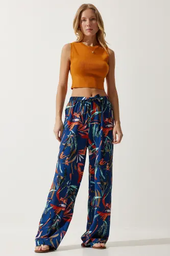 Kadın Lacivert Kiremit Desenli Dökümlü Viskon Palazzo Pantolon EN00606-Lacivert Kiremit - 3