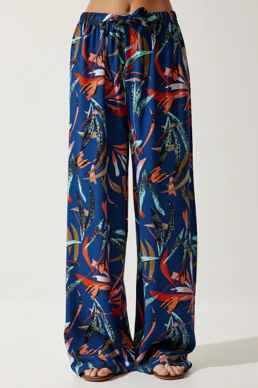 Kadın Lacivert Kiremit Desenli Dökümlü Viskon Palazzo Pantolon EN00606-Lacivert Kiremit - 4