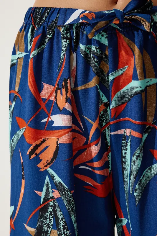 Kadın Lacivert Kiremit Desenli Dökümlü Viskon Palazzo Pantolon EN00606-Lacivert Kiremit - 5