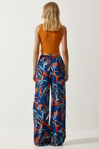 Kadın Lacivert Kiremit Desenli Dökümlü Viskon Palazzo Pantolon EN00606-Lacivert Kiremit - 6