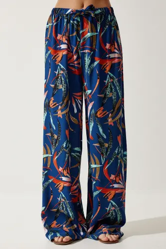 Kadın Lacivert Kiremit Desenli Dökümlü Viskon Palazzo Pantolon EN00606-Lacivert Kiremit - 4