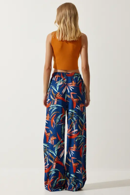 Kadın Lacivert Kiremit Desenli Dökümlü Viskon Palazzo Pantolon EN00606-Lacivert Kiremit - 6