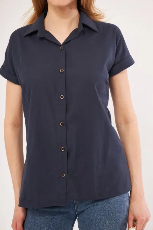 Kadın Lacivert Kısa Kol Keten Gömlek ARM-24Y001038-Lacivert - 2