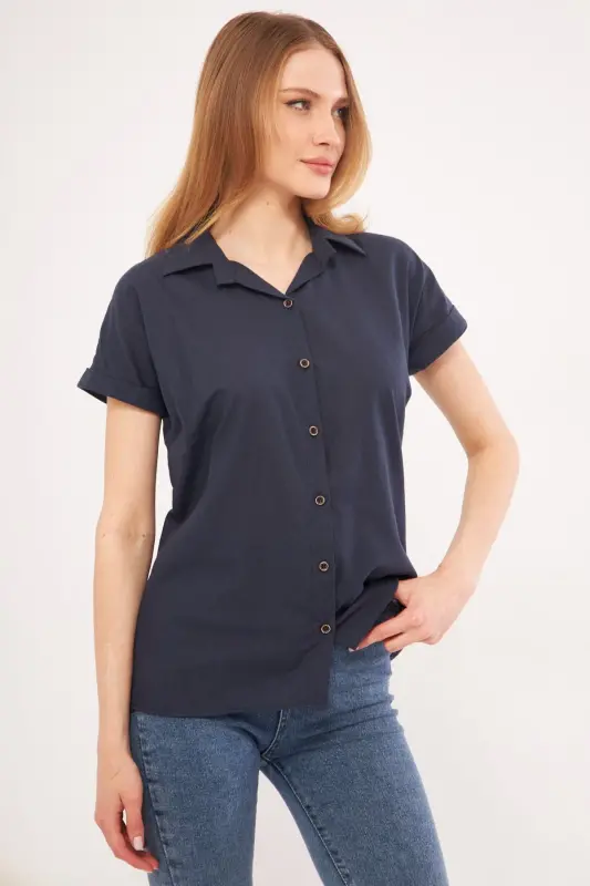 Kadın Lacivert Kısa Kol Keten Gömlek ARM-24Y001038-Lacivert - 3