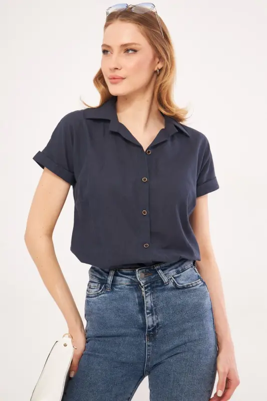 Kadın Lacivert Kısa Kol Keten Gömlek ARM-24Y001038-Lacivert - 4
