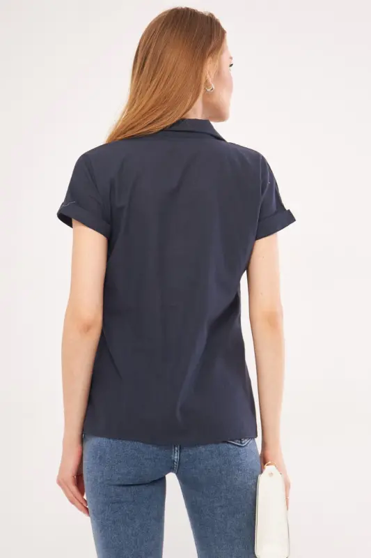 Kadın Lacivert Kısa Kol Keten Gömlek ARM-24Y001038-Lacivert - 5