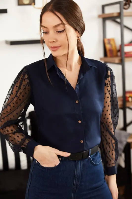 Kadın Lacivert Kolları Tül Gömlek ARM-20K001068-Lacivert - 2