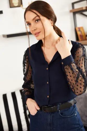 Kadın Lacivert Kolları Tül Gömlek ARM-20K001068-Lacivert - 3