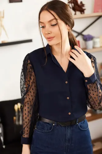 Kadın Lacivert Kolları Tül Gömlek ARM-20K001068-Lacivert - 4